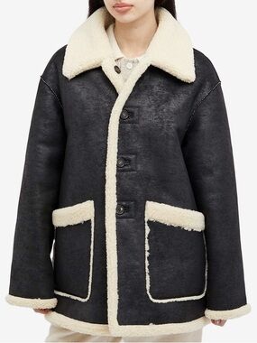 DUNST Women's Unisex Reversible Shearling Jacket in Black Size M Buttons Pockets
